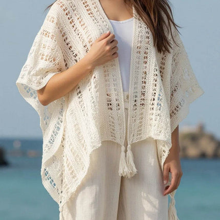 Openwork Tassel Open Front Knit Cover Up - MimiStylez