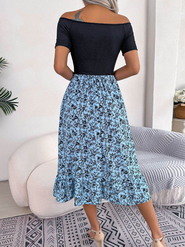 Printed Off-Shoulder Ruffle Hem Dress - MimiStylez