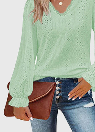 Eyelet V-Neck Flounce Sleeve Blouse - MimiStylez