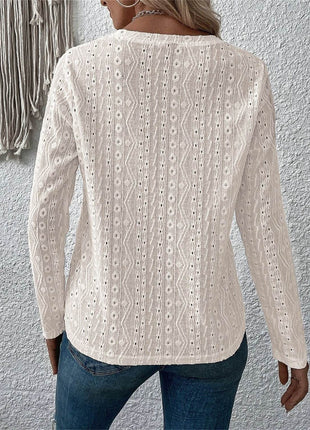 Eyelet Round Neck Long Sleeve Blouse - MimiStylez