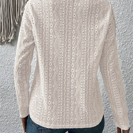 Eyelet Round Neck Long Sleeve Blouse - MimiStylez