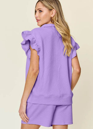 Double Take Full Size Texture Flounce Sleeve Top and Drawstring Shorts Set - MimiStylez