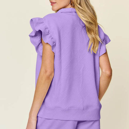 Double Take Full Size Texture Flounce Sleeve Top and Drawstring Shorts Set - MimiStylez