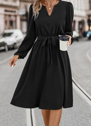 Tie Waist Notched Neck Long Sleeve Dress - MimiStylez