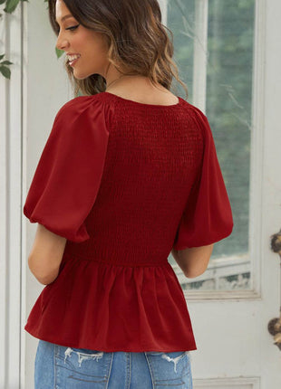 Smocked Balloon Sleeve Peplum Blouse - MimiStylez