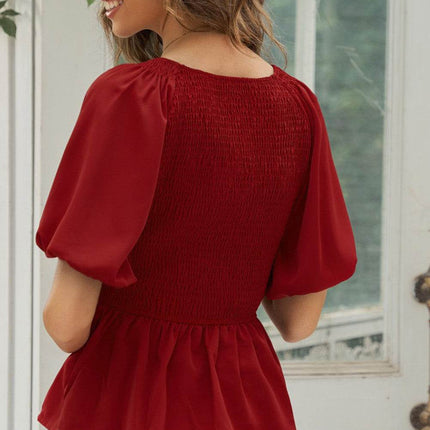 Smocked Balloon Sleeve Peplum Blouse - MimiStylez