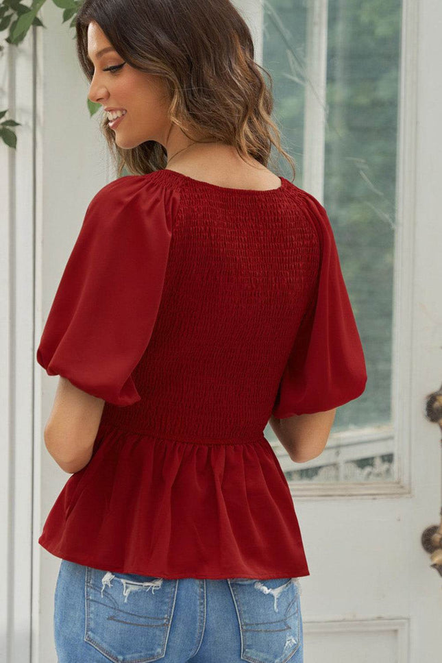Smocked Balloon Sleeve Peplum Blouse - MimiStylez