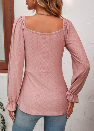 Tie Front V-Neck Puff Sleeve Blouse - MimiStylez