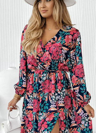 Printed Long Sleeve Slit Dress - MimiStylez
