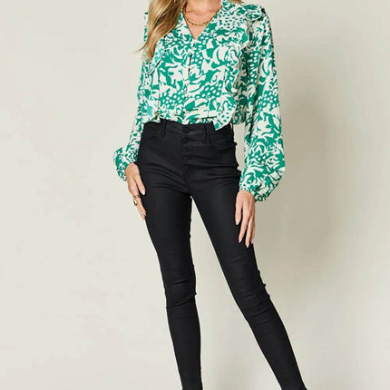 Double Take Full Size Printed Ruffle Trim Balloon Sleeve Shirt - MimiStylez