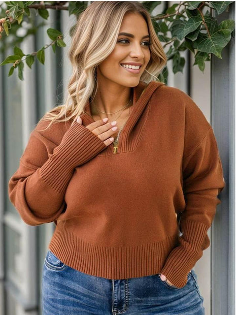Plus Size Collared Neck Zip-Up Long Sleeve Sweater - MimiStylez