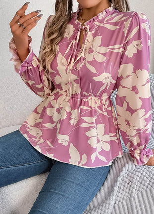 Printed Tie Neck Flounce Sleeve Blouse - MimiStylez