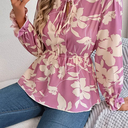 Printed Tie Neck Flounce Sleeve Blouse - MimiStylez