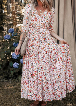 Boho Half Sleeve Floral V Neck Maxi Dress - MimiStylez