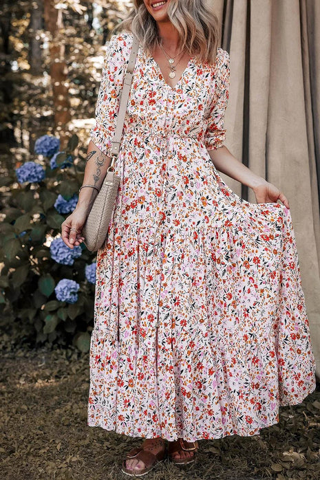 Boho Half Sleeve Floral V Neck Maxi Dress - MimiStylez