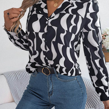Printed Button Up Long Sleeve Shirt - MimiStylez