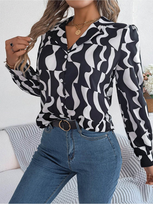 Printed Button Up Long Sleeve Shirt - MimiStylez