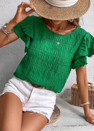 Round Neck Flounce Sleeve Blouse - MimiStylez