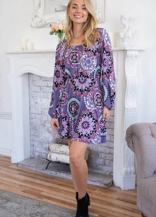 White Birch Printed Long Sleeve Mini Dress with Short Liner - MimiStylez