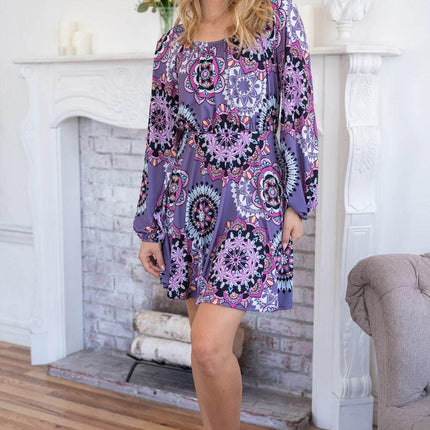 White Birch Printed Long Sleeve Mini Dress with Short Liner - MimiStylez
