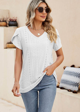 Eyelet Petal Sleeve V-Neck Knit Top - MimiStylez