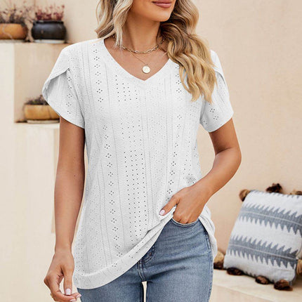 Eyelet Petal Sleeve V-Neck Knit Top - MimiStylez