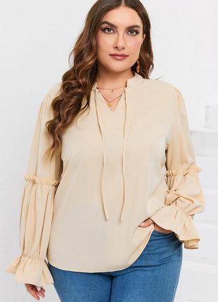 Plus Size Ruffled Tie Neck Flounce Sleeve Blouse - MimiStylez