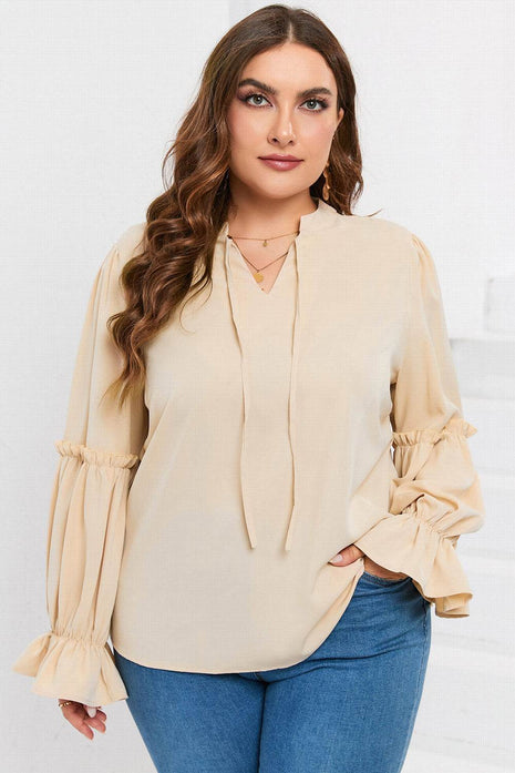 Plus Size Ruffled Tie Neck Flounce Sleeve Blouse - MimiStylez