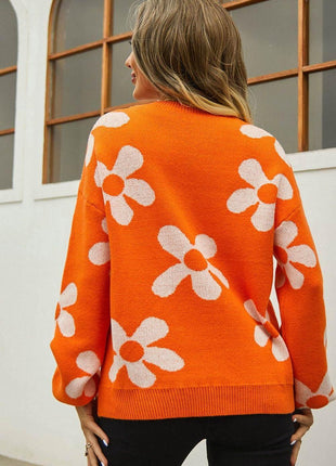 Floral Print Round Neck Dropped Shoulder Pullover Sweater - MimiStylez