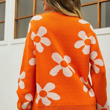 Floral Print Round Neck Dropped Shoulder Pullover Sweater - MimiStylez