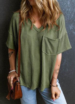 Textured V-Neck Dropped Shoulder T-Shirt - MimiStylez