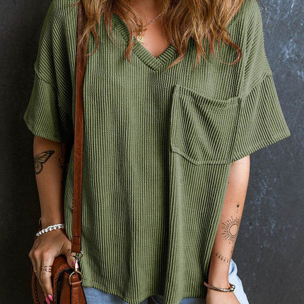 Textured V-Neck Dropped Shoulder T-Shirt - MimiStylez