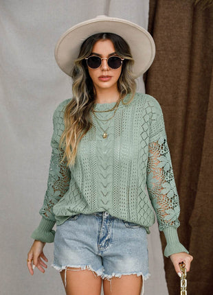 Eyelet Crochet Lantern Sleeve Sweater - MimiStylez