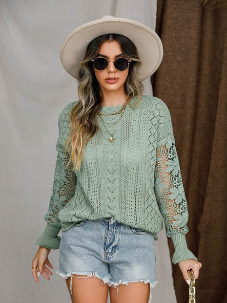Eyelet Crochet Lantern Sleeve Sweater - MimiStylez