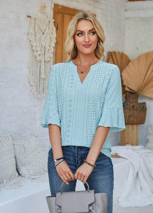 Eyelet Notched Half Sleeve T-Shirt - MimiStylez