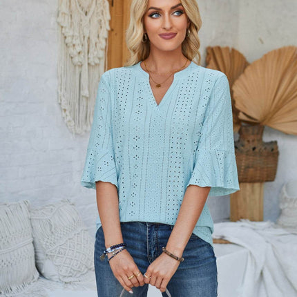 Eyelet Notched Half Sleeve T-Shirt - MimiStylez