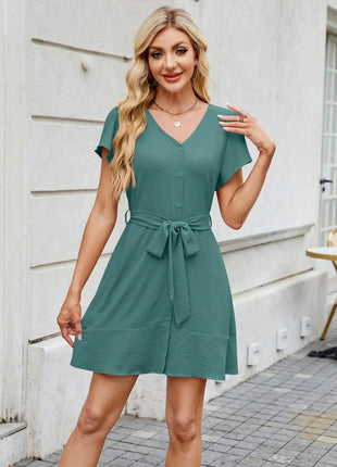 Tied Button Up Short Sleeve Mini Shirt Dress - MimiStylez