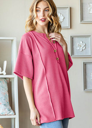 Heimish Full Size Ribbed Half Button Drop Shoulder Top - MimiStylez