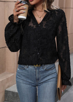 Lace Button Front Long Sleeve Top - MimiStylez
