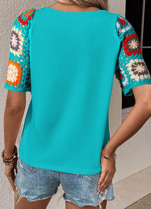 Geometric Round Neck Short Sleeve Blouse - MimiStylez