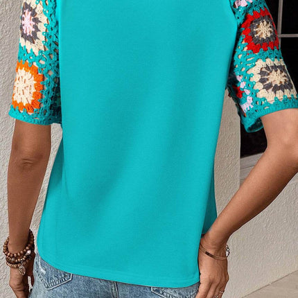 Geometric Round Neck Short Sleeve Blouse - MimiStylez