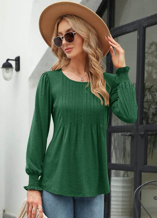 Smocked Round Neck Lantern Sleeve Blouse - MimiStylez