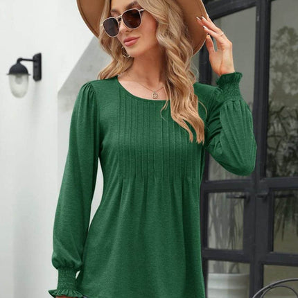 Smocked Round Neck Lantern Sleeve Blouse - MimiStylez