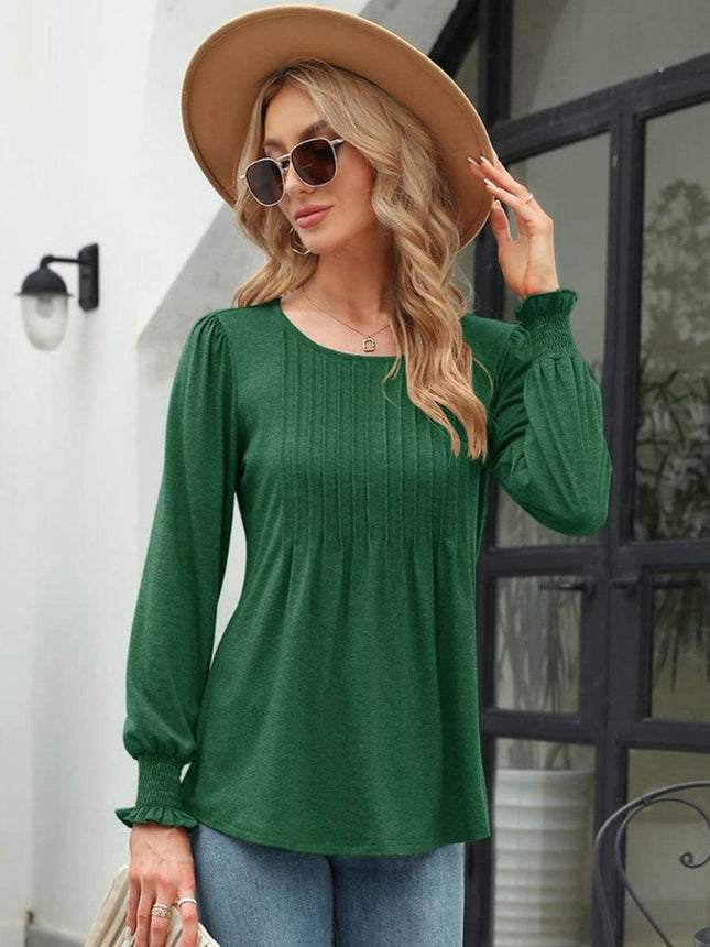 Smocked Round Neck Lantern Sleeve Blouse - MimiStylez