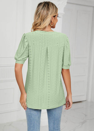Eyelet Short Puff Sleeve Notched Neck Top - MimiStylez