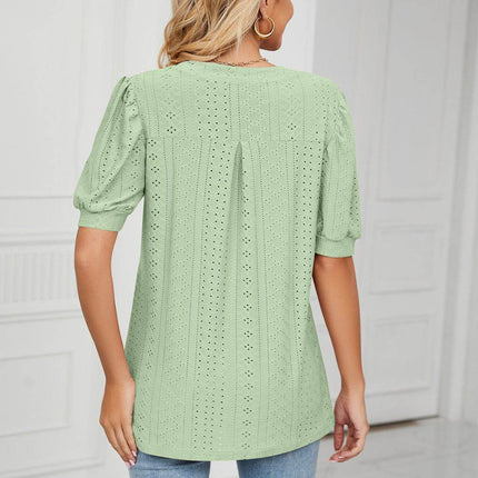 Eyelet Short Puff Sleeve Notched Neck Top - MimiStylez
