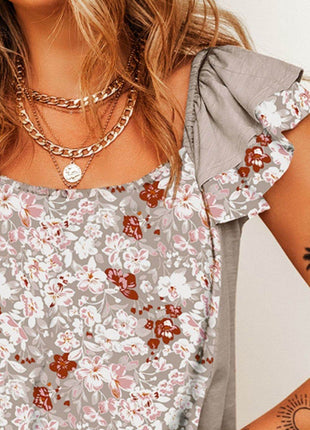 Ruffled Floral Square Neck Cap Sleeve Blouse - MimiStylez
