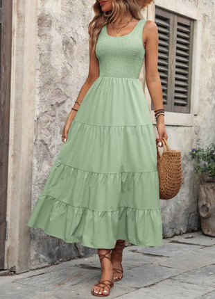 Smocked Scoop Neck Sleeveless Tank Dress - MimiStylez