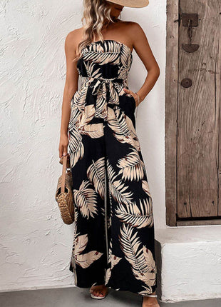 Printed Strapless Wide Leg Jumpsuit with Pockets - MimiStylez