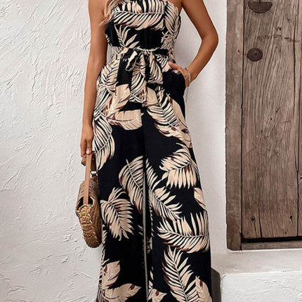 Printed Strapless Wide Leg Jumpsuit with Pockets - MimiStylez